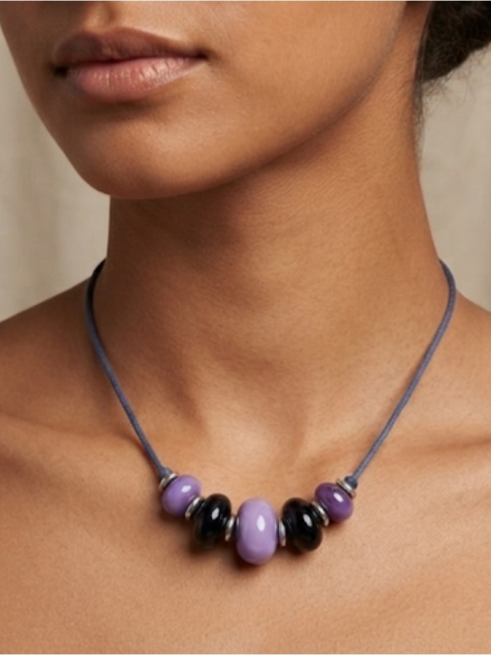 Purple Bead Pendant Necklace on Blue Cord